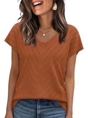 Womens Caramel Trendy Summer Tops Sweater Pullover V-Neck Pull On Short Sleeve